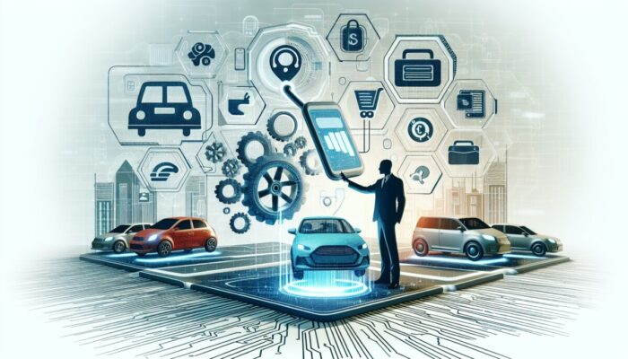 Individual utilizing a smartphone to rent a car online, showcasing payment options and vehicle selection in a vibrant city setting.