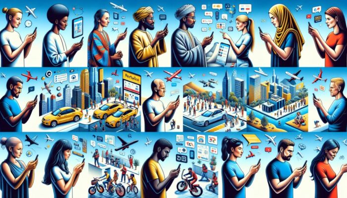 Diverse travelers utilizing smartphones and digital wallets for flexible rental payments worldwide.