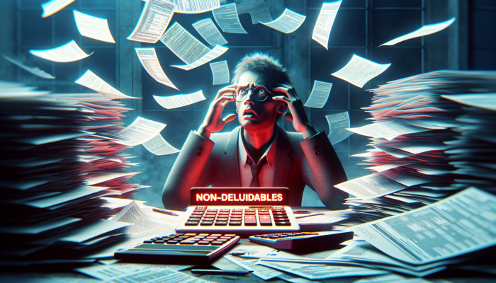 Are Debt Consolidation Fees Tax-Deductible: A Guide | DCL Individual appearing confused amidst scattered documents and calculators, with a tax form highlighting non-deductible fees in red.