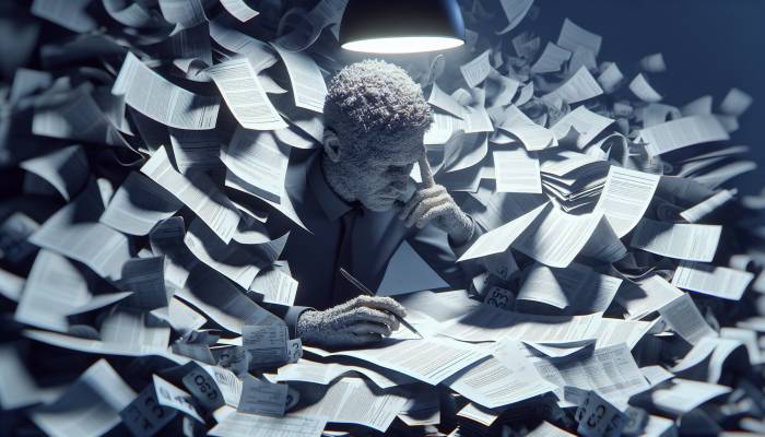 Person calculating total debt amidst scattered financial statements on a cluttered desk, under a harsh lamp.