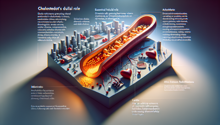 A cross-section of a human artery illustrating cholesterol's role in hormone and vitamin D production, alongside plaque buildup leading to atherosclerosis, with a UK cityscape backdrop.