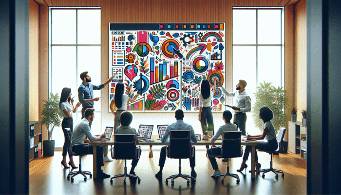 A digital marketing team strategizing over a colourful content calendar in a modern office.