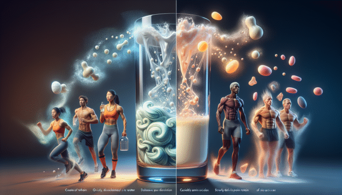 Image illustrating rapid dissolution of whey protein and slow release of casein protein overnight, alongside symbols representing athletes and recovery.