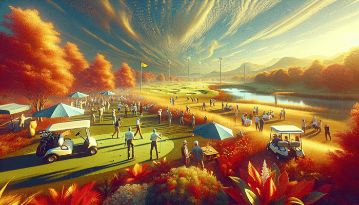 A lively golf gathering in South Africa during autumn, with guests enjoying pleasant weather on a vibrant course beneath a golden sky.