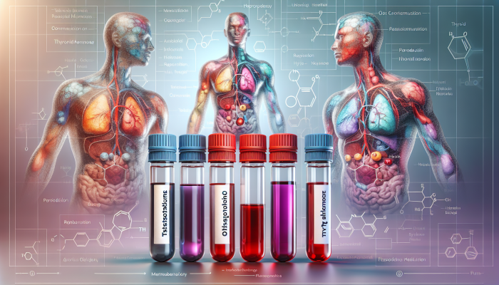 An illustration showing male hormone blood test vials labelled testosterone, oestrogen, thyroid, alongside male anatomy diagrams.