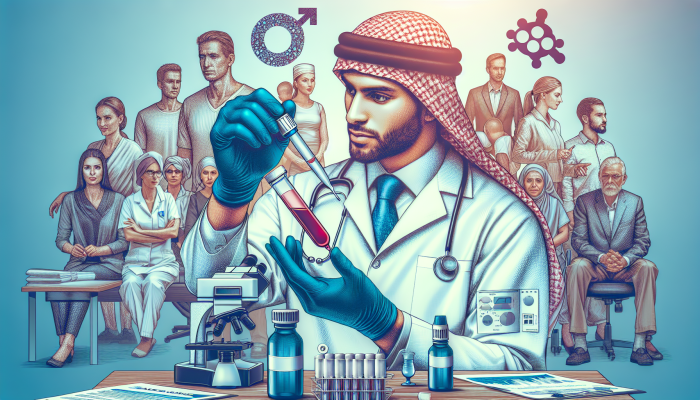 A bustling Bicester clinic showcasing clear pricing, diverse patients, and a lab technician analysing a male hormone blood test.