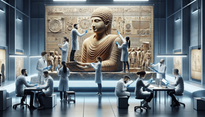 Experts meticulously examining an ancient artifact with advanced tools in a studio for optimal restoration.