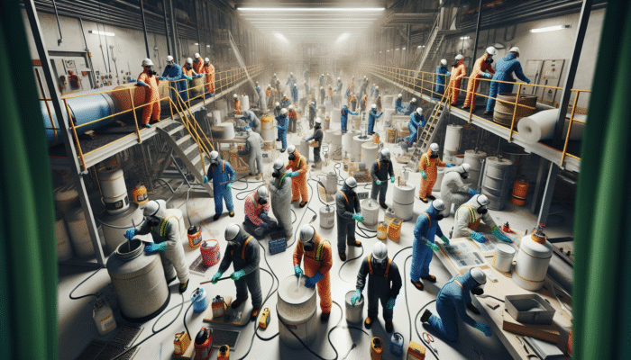 A well-ventilated workspace with workers donning safety gear and using tools on a clean floor with secure machinery.