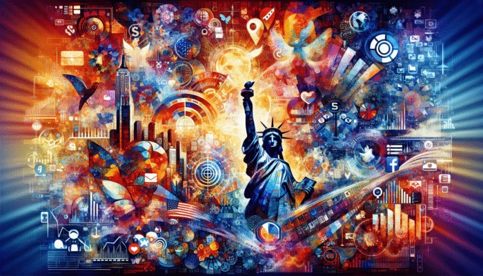 A digital collage featuring global icons, social media symbols, and analytics graphs symbolising comprehensive content optimisation strategies.