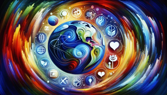 A vibrant digital artwork featuring a globe and various trending topics interconnected by universal strategies, in a modern, abstract style.