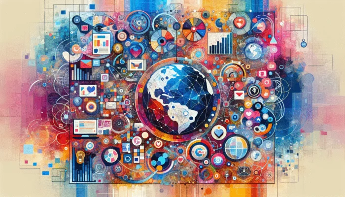 A vibrant collage of social media icons, graphs, and global symbols on a colourful backdrop, illustrating universal strategies for trending topics.