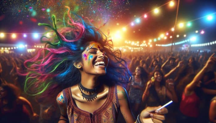 Person with vibrant, multi-coloured hair at a festival, laughing and dancing amidst colourful lights and crowd.