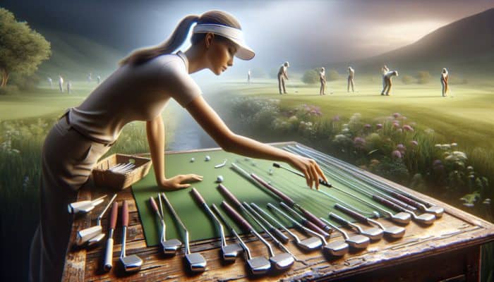 A golfer evaluating a selection of putters on a wooden table amidst greenery.