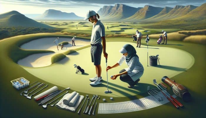 A South African golfer receiving a custom putter fitting on varied terrain, improving putting accuracy.