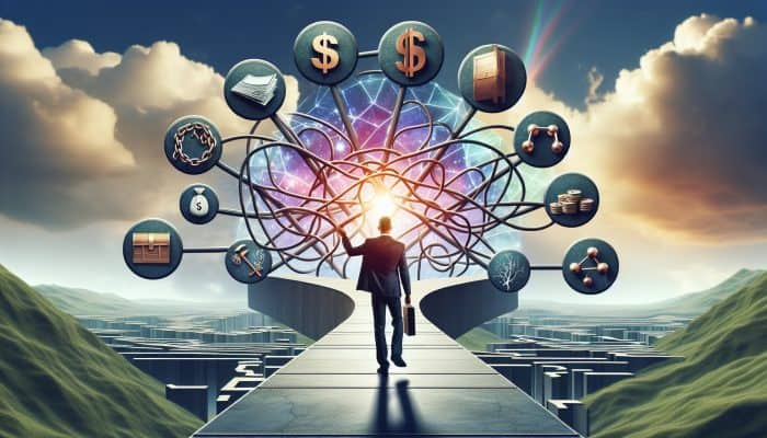 Key Terminology in Debt Consolidation: A Comprehensive Overview | DCL A person confidently navigating a clear path through a complex financial landscape with labelled signposts under a bright sky.