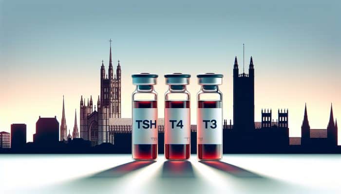 Illustration of thyroid blood test vials labeled TSH, T4, T3, with Canterbury skyline.