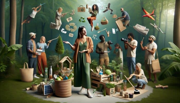 Eco-conscious influencer in nature engaging diverse group in sustainable activities, authentic brand collaboration.