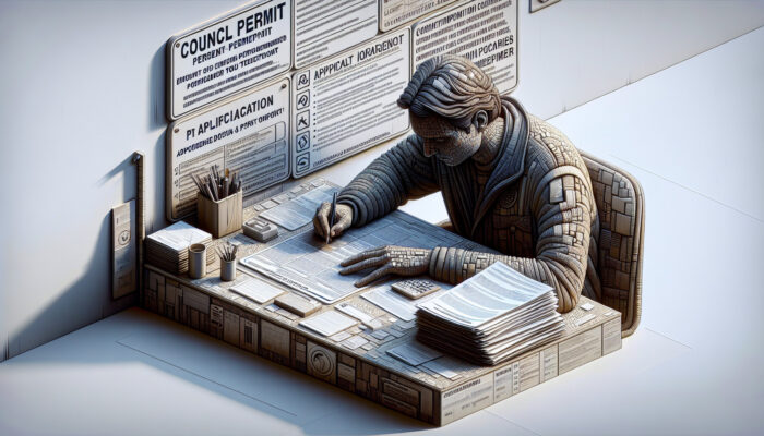 An individual completing a council permit application form at a desk filled with documents and guidelines.