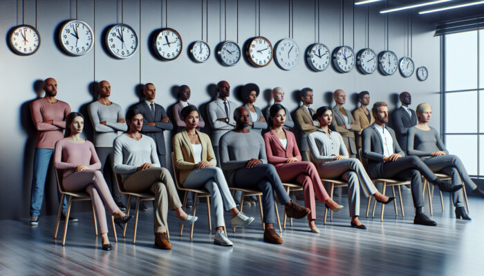 A diverse group waiting in an office with permit applications and clocks indicating various times.