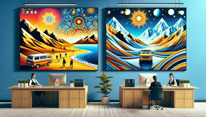 A car rental office with vibrant posters showcasing summer beach and winter mountain scenes, promoting seasonal discounts.