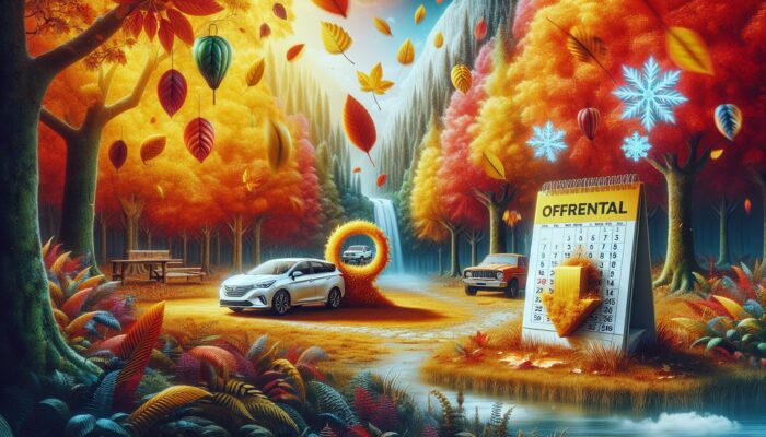 A tranquil autumn landscape featuring a car rental office, colourful falling leaves, and a calendar indicating off-peak seasons.