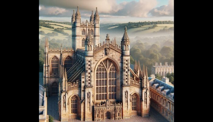 Restored limestone façade of Bath Abbey in Somerset, displaying revitalised stonework after steam cleaning and chemical treatments.