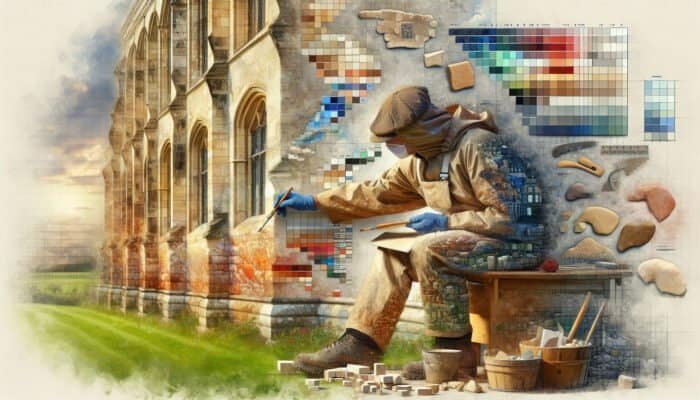A UK restorer using local limestone varieties on a historic building, showcasing the significance of regional expertise.