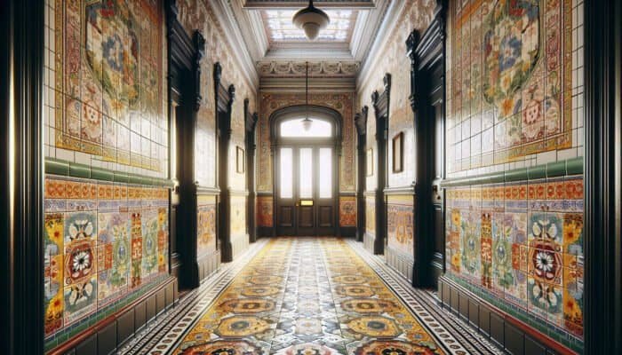 Victorian hallway showcasing vibrant, intricate encaustic tile patterns, illustrating 19th-century British craftsmanship.