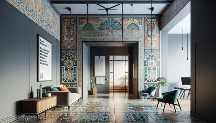 A modern living room featuring a Victorian tiled hallway, harmonising historical and contemporary designs.
