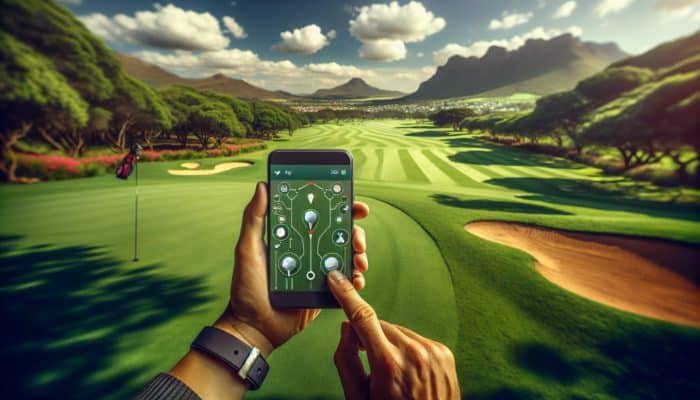 Golfer utilizing Golfshot app on smartphone for measuring distance on a South African golf course.