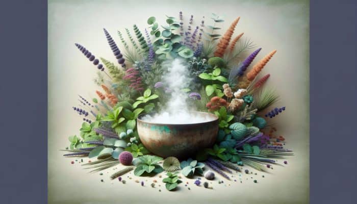A serene spa scene featuring eucalyptus, mint, and lavender surrounding a steaming bowl for inhalation.