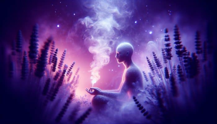 Individual inhaling soothing lavender steam in a tranquil home spa, surrounded by calming purple hues.