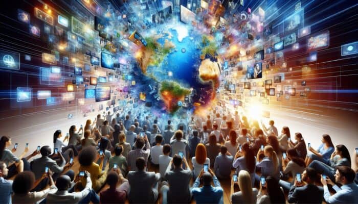 A diverse group of individuals around the globe using smartphones to watch and share short-form videos, highlighting digital connectivity.