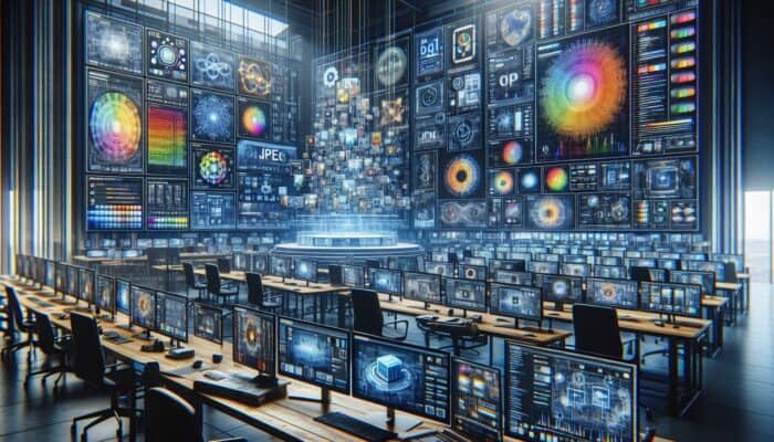 A digital artist's workspace showcasing comparisons of JPEG, PNG, and GIF formats with accompanying quality and speed graphs displayed on screens.