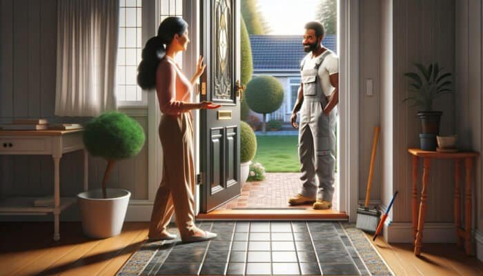 A person admiring a neighbour's clean tiles, asking for the grout cleaner's contact.