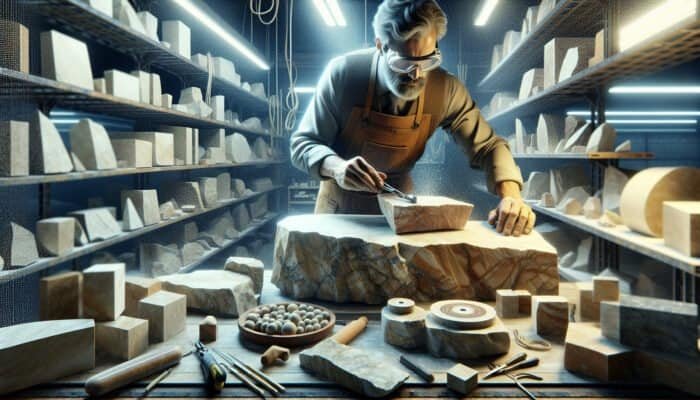 A skilled artisan honing limestone with specialised tools in a well-lit workshop, enhancing its natural beauty.