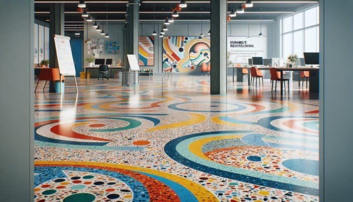 A vibrant, polished terrazzo floor in an office, displaying colourful, recycled materials and an elegant pattern.
