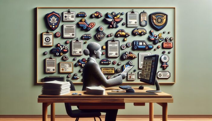 A person verifying the car rental company's licensing and insurance on a computer, with official documents displayed on the wall.