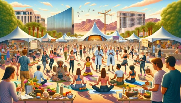A lively scene at MindBodyGreen Revitalize in Las Vegas showcasing yoga, meditation, and nutrition workshops led by holistic health experts.