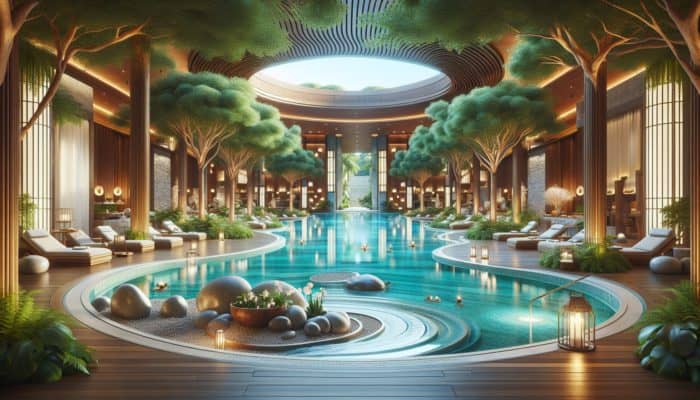 A peaceful spa retreat in Las Vegas featuring tranquil pools, lush greenery, and luxurious treatment rooms promoting holistic health.