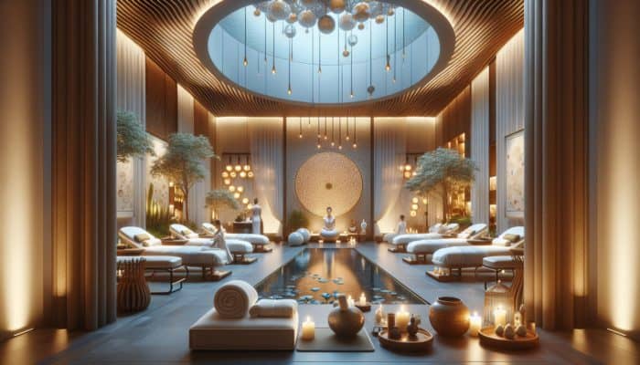 A tranquil spa scene at Awana Spa in Las Vegas featuring massage tables, soft lighting, and a meditation area with guests relaxing.