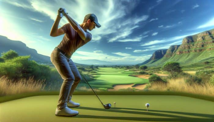 Golfer at Arabella Golf Club aligning body parallel to target line, adjusting stance against wind conditions.