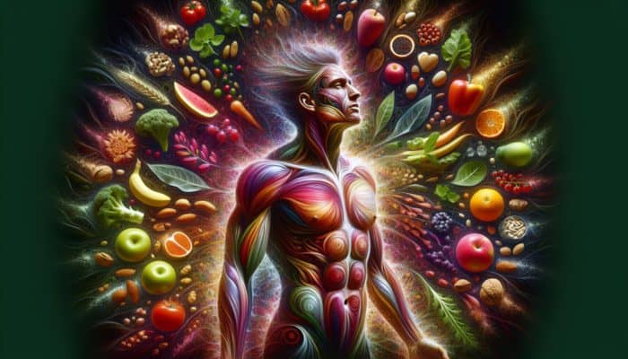 A vibrant individual with glowing skin surrounded by healthy foods, symbolising Whole30 benefits.
