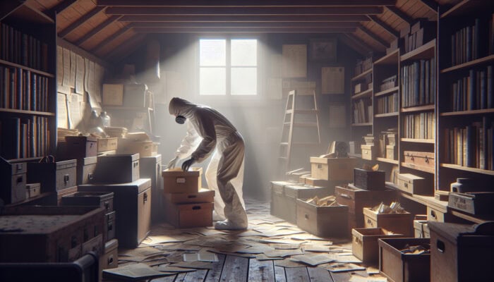 Individual in protective gear sorting through boxes and antiques in a dusty attic, with sunlight streaming through the window.