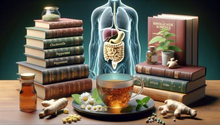 Illustration of calming herbal tea featuring chamomile, peppermint, and ginger, surrounded by expert literature and a diagram of a relaxed stomach.