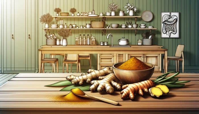 Fresh ginger roots and turmeric powder displayed on a wooden table, accompanied by scientific charts and a 2023 clinical trial report.