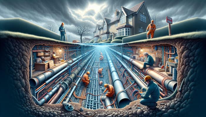 Cross-section of weeping tile system under suburban home in Richmond, with technicians working nearby under cloudy sky.