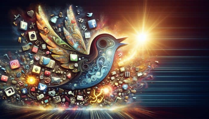 A vibrant collage of social media icons and luminous '#' symbols symbolising hashtag trends.