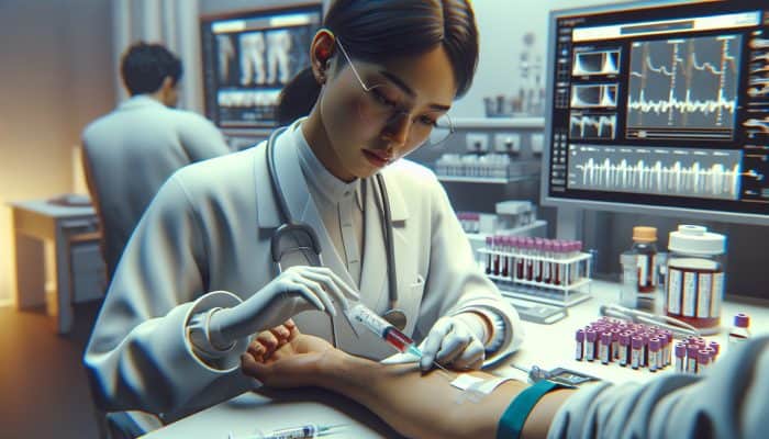 A healthcare professional conducting a diabetes blood test in Aberdeen, showcasing the clinical environment.