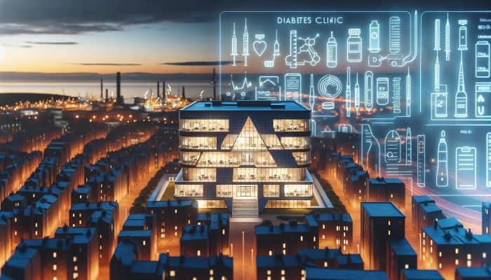 A view of Aberdeen cityscape at dusk featuring a modern diabetes clinic, symbolising hope in diabetes care.